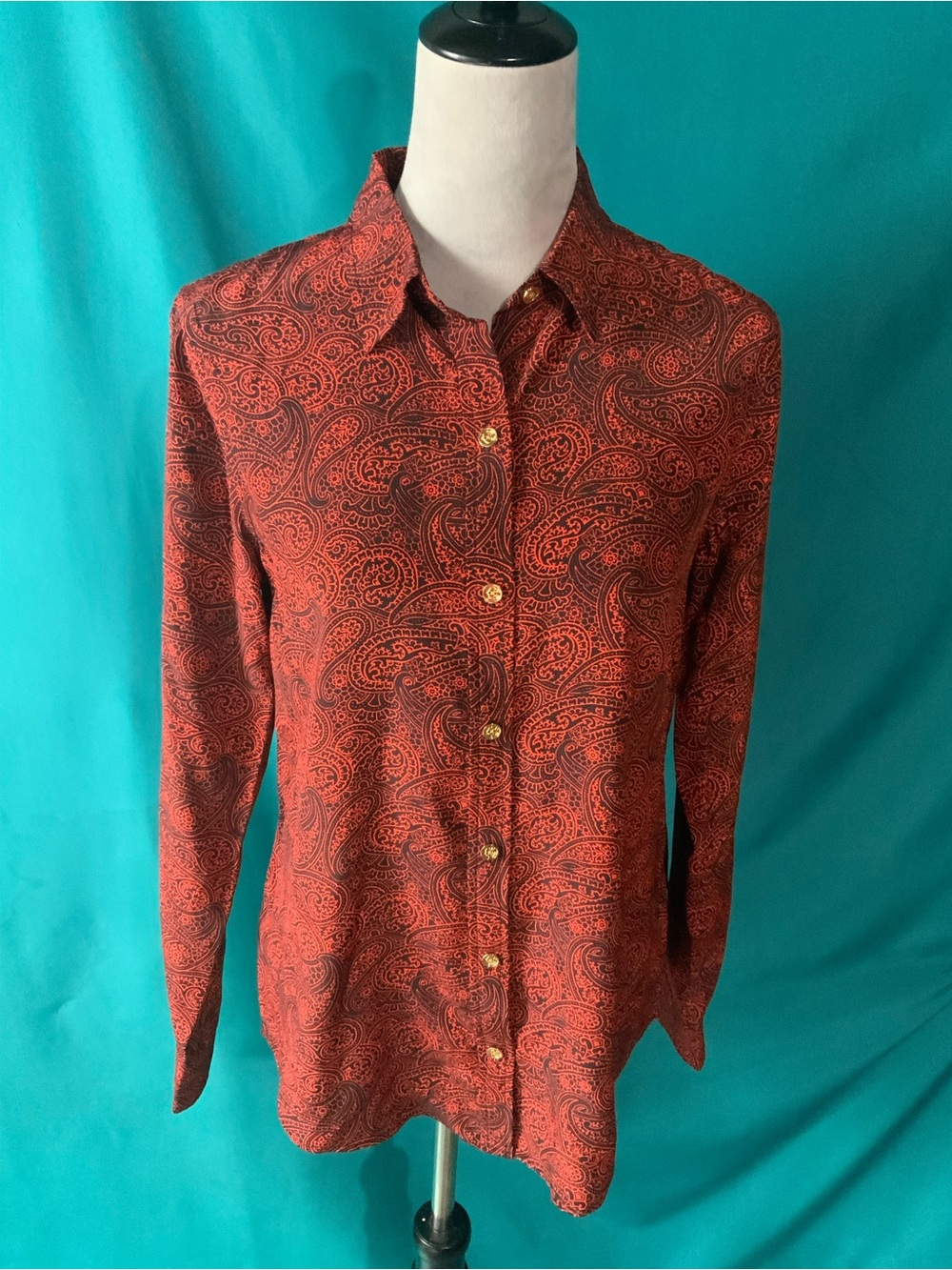 C. Wonder 100% Silk Women's Warm Rust Jacquard Paisley Button-Down Blouse